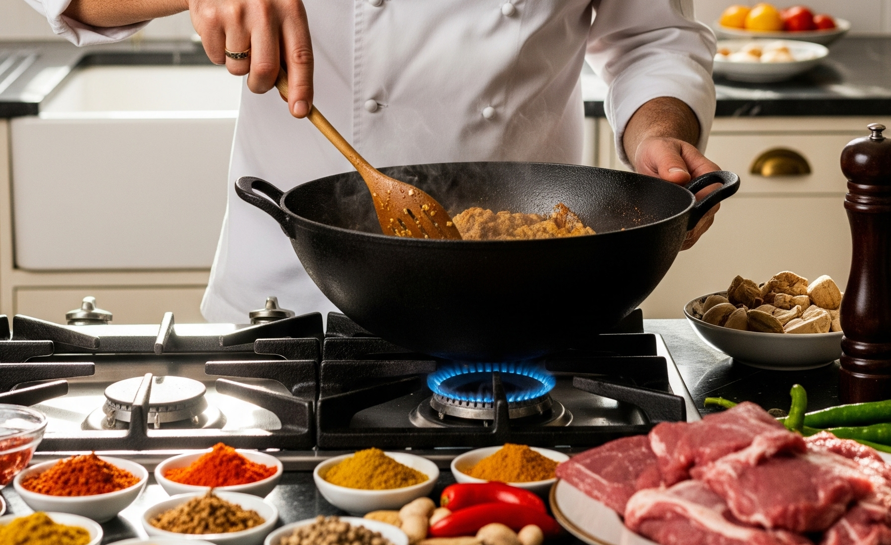 Professional chef cooking with cast iron skillet